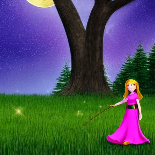 Prompt: A female teenager elf is looking at the moon at the top of a hill with pink grass, under a big tree with pruple leaves, photorealistic.