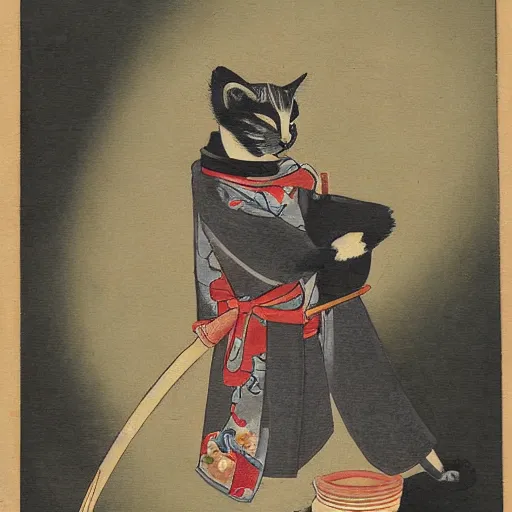 Prompt: A cat dressed in kimono and holding a samurai sword,