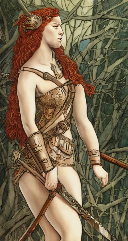 Prompt: boudica the barbarian queen, in a mixed style of Botticelli and Æon Flux, inspired by pre-raphaelite paintings and shoujo manga, a misty moor landscape in the background, hyper detailed, stunning inking lines, flat colors, 4K photorealistic