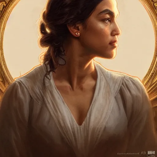 Image similar to ultra realistic illustration, alexandria ocasio - cortez in le miserables, intricate, elegant, highly detailed, digital painting, artstation, concept art, smooth, sharp focus, illustration, art by artgerm and greg rutkowski and alphonse mucha