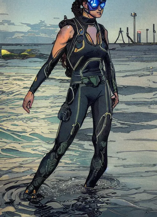 Prompt: Sonya. USN blackops operator emerging from water at the shoreline. Agent wearing Futuristic wetsuit and looking at an abandoned shipyard. rb6s, MGS, and splinter cell Concept art by James Gurney, Alphonso Mucha. Vivid color scheme.