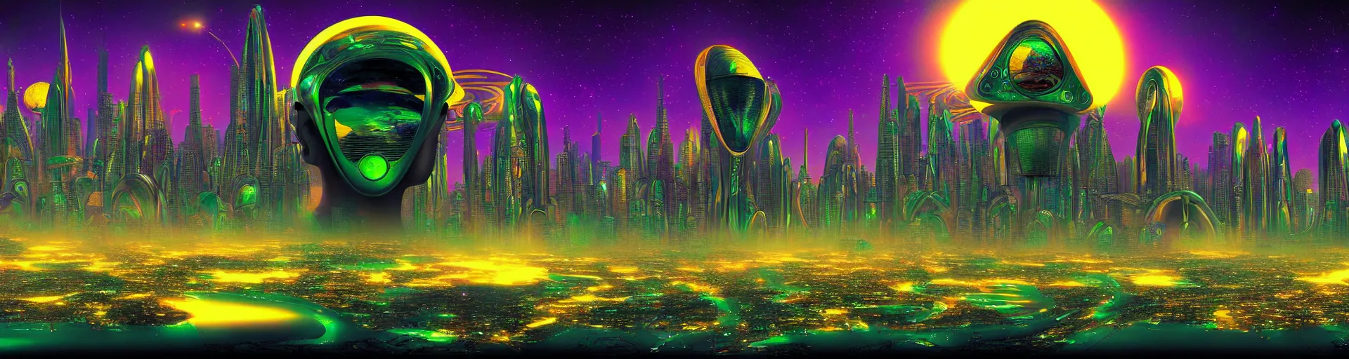 Prompt: an oasis metropolis on the an alien planet, afrofuturism, digital artwork,