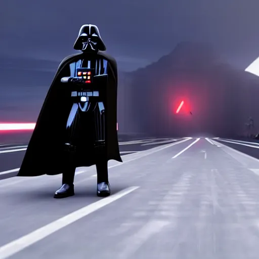 Image similar to still image of darth vader driving in mario kart tour deluxe race, unreal engine 5, 3 d, octane