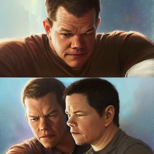 Image similar to Matt Damon and Mark Wahlberg looking at each other confused in the mirror, artstation, concept art, smooth, sharp focus, illustration, art by artgerm and greg rutkowski and alphonse mucha