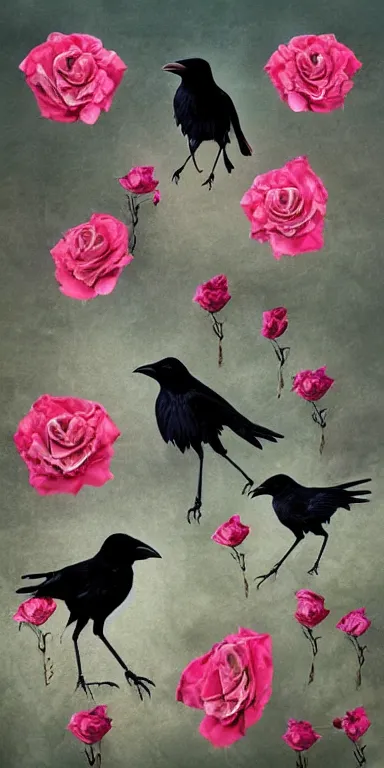 Image similar to crows made out of roses, rose crows, flower crows, crows made of flowers, muted tones, album artwork, expressionist, serene,