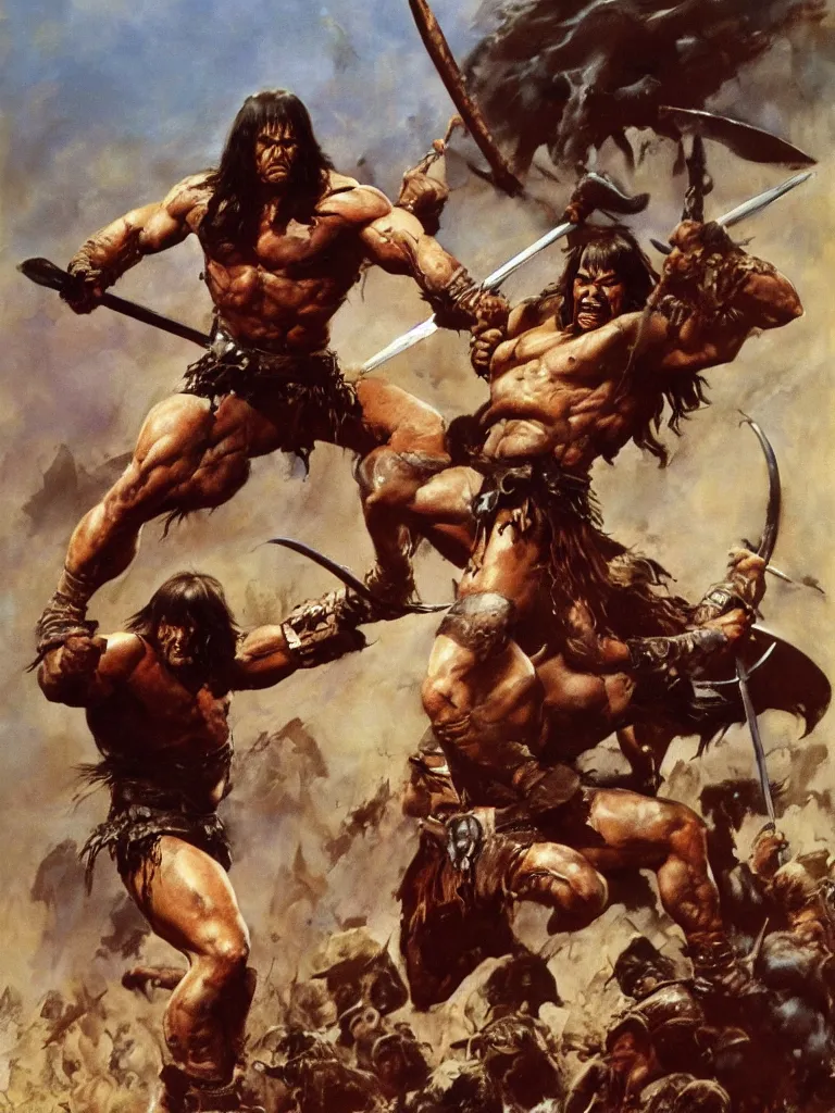 Image similar to Conan the Barbarian in battle by Frank Frazetta, oil painting, detailed, proportional, trending on art station, 4k