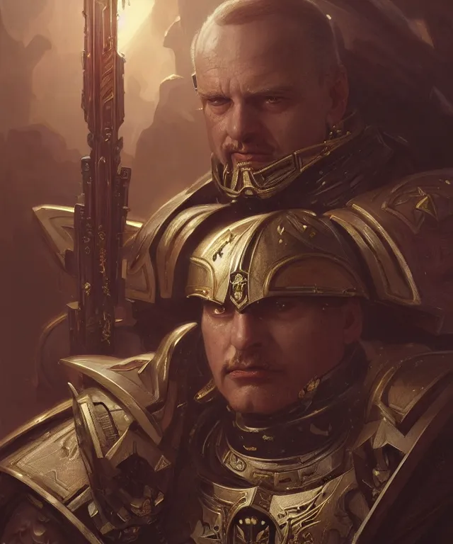 Image similar to Sir Keir Starner as Warhammer 40k Emperor, portrait, fantasy, intricate, elegant, highly detailed, digital painting, artstation, concept art, smooth, sharp focus, illustration, art by artgerm and greg rutkowski and alphonse mucha