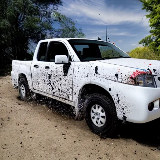 Prompt: A large floating inflatable white Toyota pickup, with paint splatter