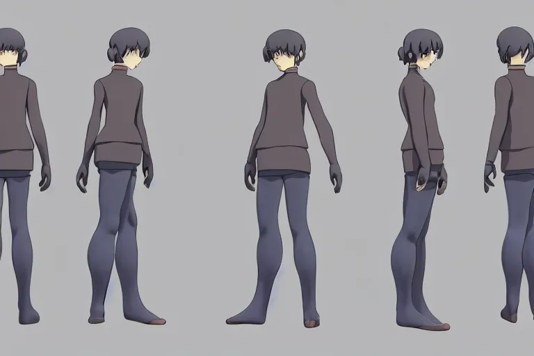 Image similar to a reference sheet containing three pictures of a t position hero by ghibli studio, front back view and side view, t position proportions, ready to model,