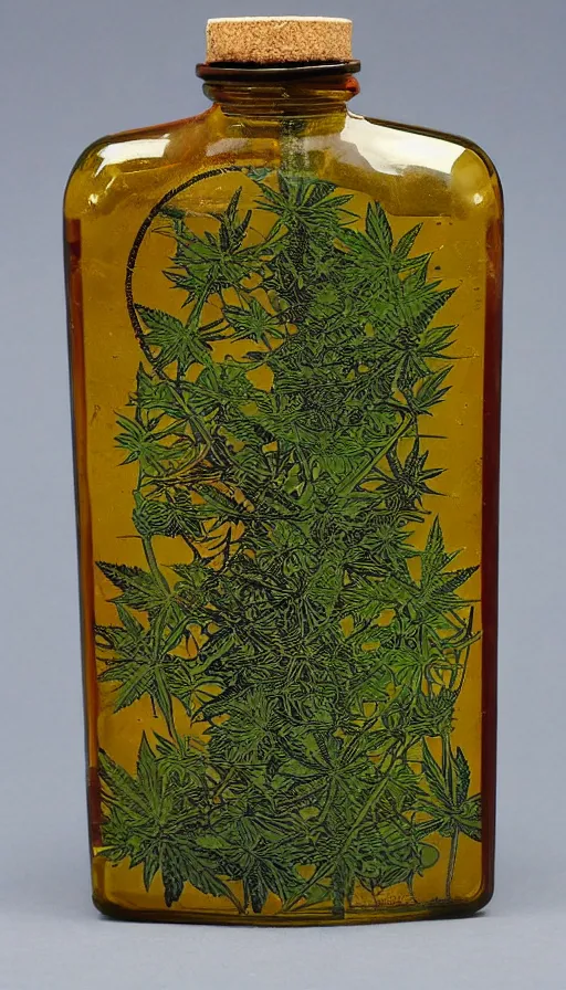 Prompt: vertical bottle with weed inside covered in gift lent symmetric art