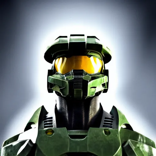 Prompt: professional photo portrait of the master chief from halo nikon d 8 0 6 0 mm lens, cinematic lighting and shadows