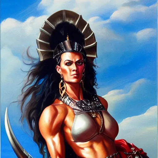 Prompt: detailed oil painting of tall hyper - muscular shining bronze - skinned warrior woman with silver eyes, wearing xena armor, with two big scimitars, full body, with long wavy flowing black hair and big gold earrings, jewelry, red lipstick, makeup, feminine, volumetric lighting, dynamic composition, art by boris vallejo, heavy metal magazine