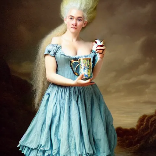 Prompt: A 18th century, messy, silver haired, (((mad))) elf princess (look like ((young Kate Winslet))), dressed in a frilly ((ragged)), wedding dress, is ((drinking a cup of tea)). Everything is underwater and floating. Greenish blue, horrorustic, soft focus digital art by Guillermo del Toro
