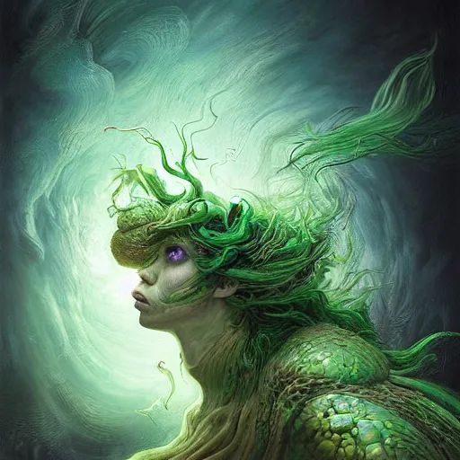 Image similar to a stunning detailed 3d matte portrait of a bulette with green hair, male, standing in a maelstrom, by ellen jewett, by tomasz alen kopera, by Justin Gerard, ominous, magical realism, texture, gills, intricate, whirling smoke, alchemist bottles, radiant colors, fantasy, dungeons and dragons, dnd, volumetric lighting, high details