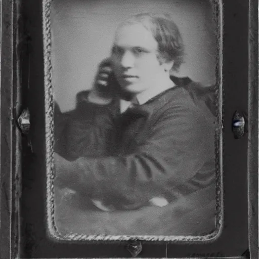 Image similar to a daguerreotype of a man looking at his cell phone.