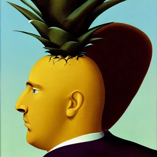 Prompt: portrait of a man in a suit with a pineapple in front of his face, painting by rene magritte, high detail, high resolution