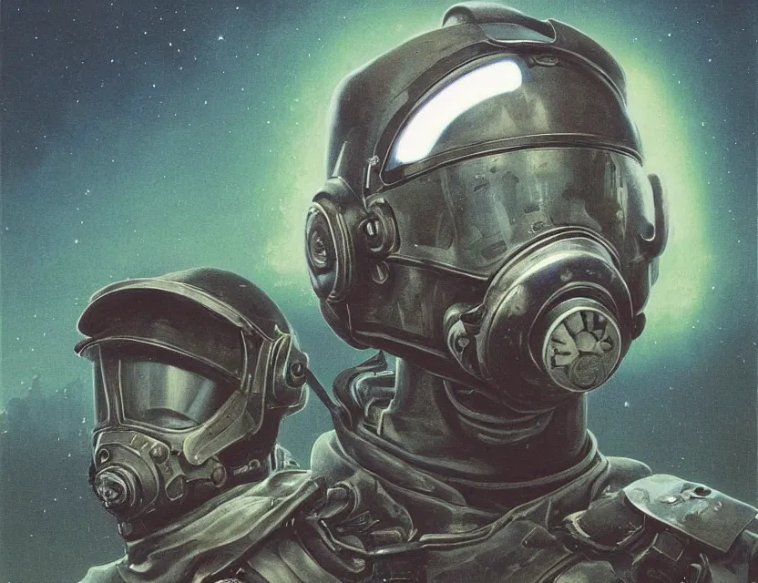 Image similar to a detailed portrait painting of a lone bounty hunter pilot wearing combat armour, gas mask and a reflective visor. Head and chest only. Movie scene, cinematic sci-fi scene. Flight suit, cloth and metal, accurate anatomy. portrait symmetrical and science fiction theme with lightning, aurora lighting. clouds and stars. Futurism by beksinski carl spitzweg moebius and tuomas korpi. baroque elements. baroque element. intricate artwork by caravaggio. Oil painting. Trending on artstation. 8k