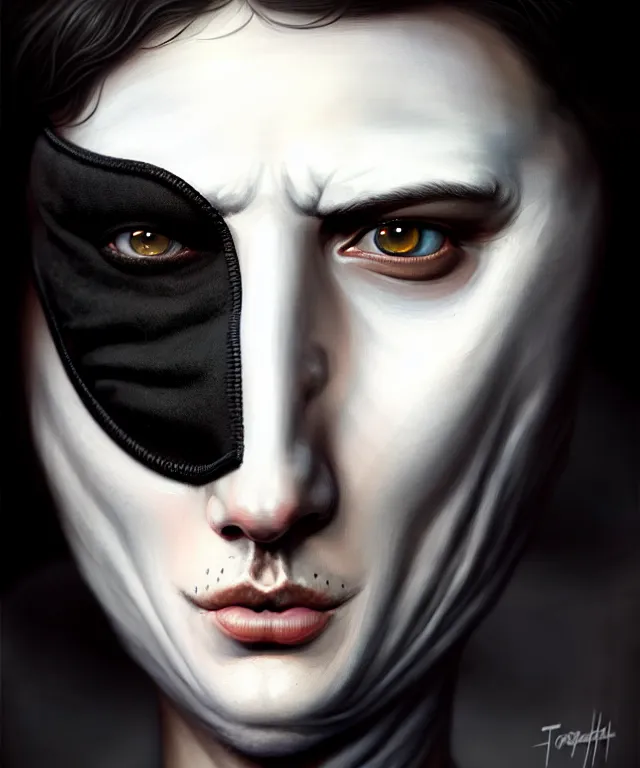 Image similar to white man with black fabric mask, short dark hair, highly detailed face!!!, true anatomy!, extremely detailed!, digital painting, unreal engine 5, art by tom bagshaw