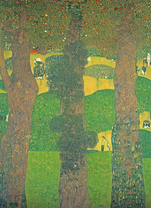 Image similar to a landscape painting of a cognitive optical illusion of trees, with four people who are trees in the foreground making extreme dynamic poses painted by gustav klimt, leonardo davinci