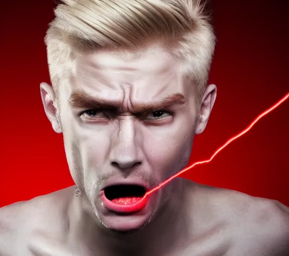 Prompt: hyper realistic portrait of a man with blonde two sides hair and thin face lines, he is throwing red lasers with his eyes and is very angry