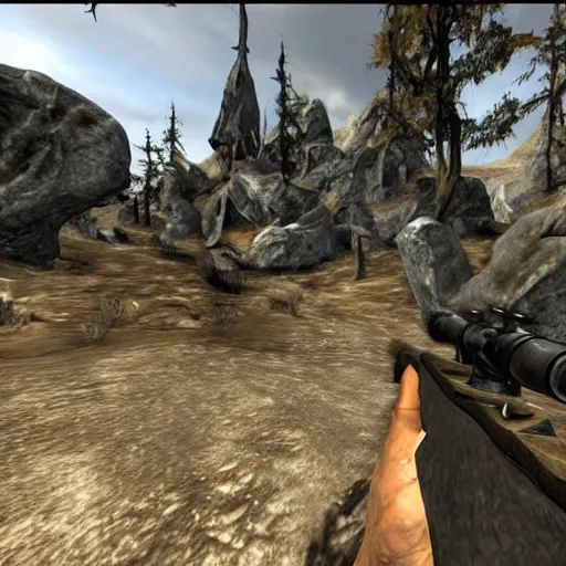 Image similar to skyrim re - imagined as a first person shooter. the player is holding a rifle with a scope.