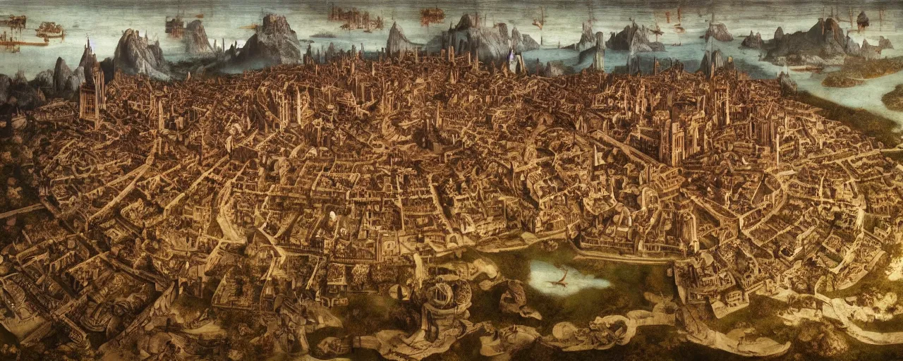 Prompt: a epic scene of utopia, aerial photography, by leonardo da vinci, on artstation, ultra detailed,