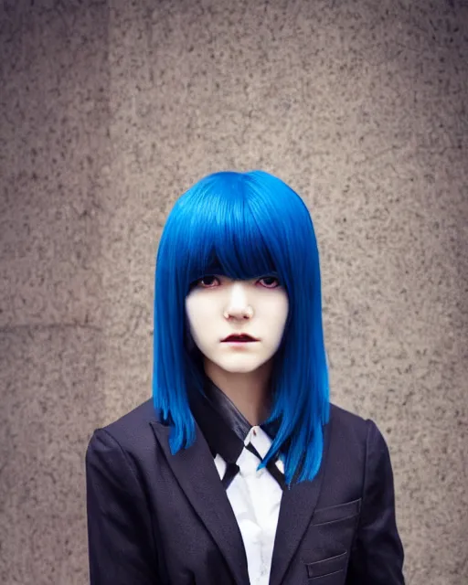 Image similar to touka kirishima from tokyo ghoul, blue hair, modern fashion, half body shot, photo by greg rutkowski, female beauty, f / 2 0, symmetrical face, warm colors, depth of field