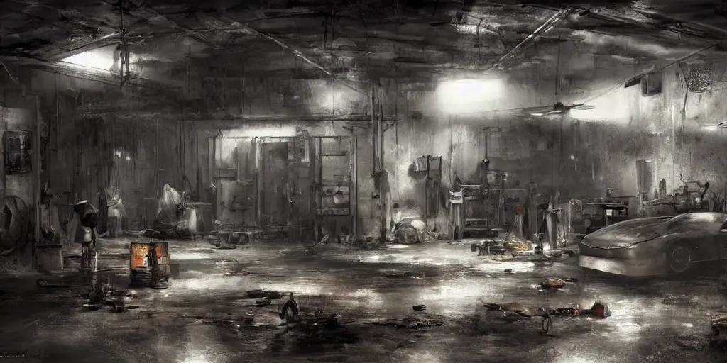 Prompt: mechanic garage interior inside an African favela, broken light from small hole in ceiling, high contrast, metal sheets with chipped paint for walling, shelves, spare parts, van under construction, wide angle lens, movie shot, trending on Artstation, highly detailed, moody atmospheric, hazy, style of Craig Mullins,