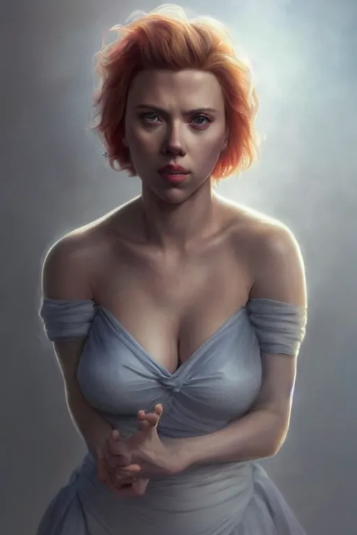 Image similar to Scarlett Johansson is talking to you POV, anatomy, only two hands, highly detailed, digital painting, artstation, concept art, smooth, sharp focus, illustration, Unreal Engine 5, 8K, art by art by artgerm and greg rutkowski and edgar maxence