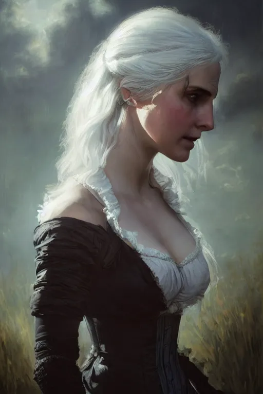 Prompt: Ciri from the Witcher in Victorian painting with Yennefer. by Daniel F. Gerhartz, hyperrealistic oil painting, 4k, studio lightning