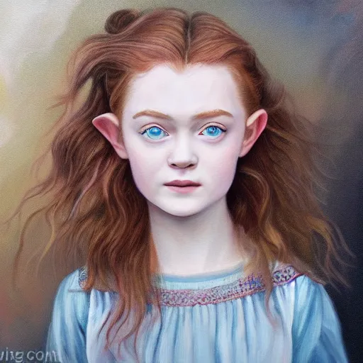 Prompt: a painting portrait of an elvish young girl, looking like Sadie sink, wild hairstyle, 8k, beautiful,