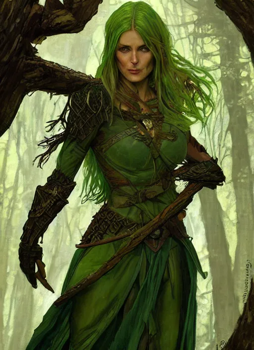 Image similar to a serious looking wood elf woman wearing armour made of tree bark, green tinted hair. woodland. fantasy concept art. moody epic painting by james gurney, and alphonso mucha. artstationhq. painting with vivid color. ( dragon age, witcher 3, lotr )