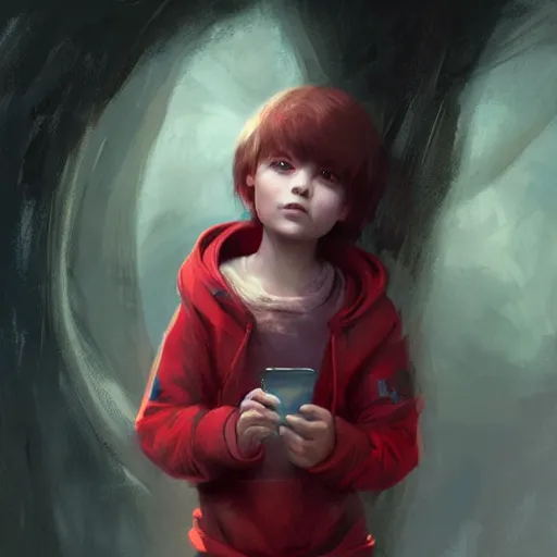 Image similar to a tiny girl with short red hair wearing a hoodie, digital art, cute face, very beautiful face, pretty face, very detailed eyes, full body illustration, 8 k resolution, soft painting, by greg rutkowski, wlop, rossdraws,