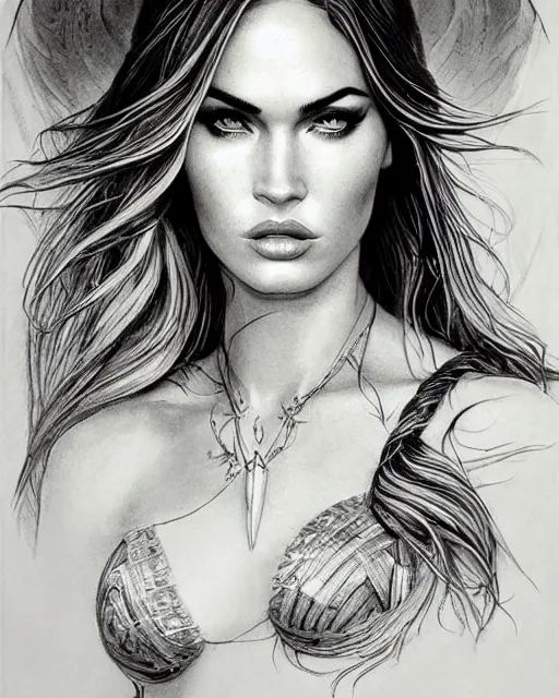 Image similar to portrait of beautiful megan fox as greek goddess aphrodite, archer, arrow on the head, beautiful piercing eyes, flowing blonde hair, realistic face, black and white drawing, in the style of greg rutkowski, fantasy, amazing detail, epic, intricate, elegant, smooth, sharp focus