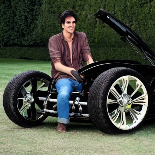 Prompt: Giant head of david copperfield with four wheels