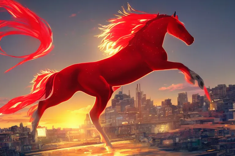 Image similar to beyonce dressed as a riding a red horse is attacking an powerful goddess on a harlem rooftop, highly detailed, 4k resolution, lighting, anime scenery by Makoto shinkai