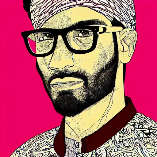 Image similar to portrait of a pakistani - american man, an ultrafine detailed illustration by james jean, intricate linework, bright colors, final fantasy, behance contest winner, vanitas, angular, altermodern, unreal engine 5 highly rendered, global illumination, radiant light, detailed and intricate environment