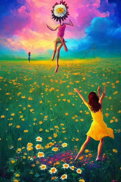 Prompt: giant daisies flower as head, girl jumping in a flower field, surreal photography, sunrise, dramatic light, impressionist painting, colorful clouds, digital painting, artstation, simon stalenhag