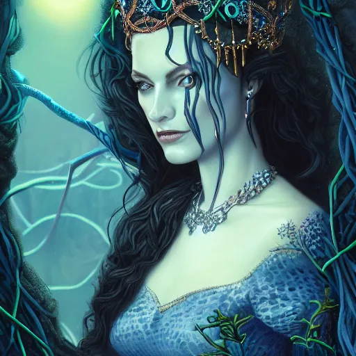 Image similar to detailed portrait of the dark queen of snakes, realism, dim moonlight, pale blue, emerald, sapphire, wearing a crown of vines and vipers, dark fantasy illustration, dramatic lighting, cgsociety, artstation