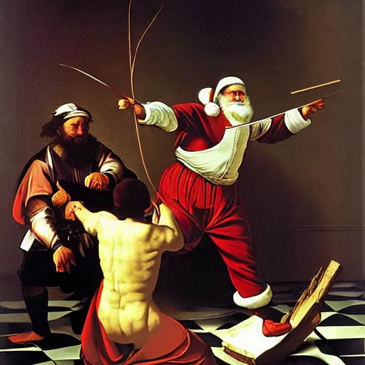 Prompt: Father Christmas fighting over a flat screen tv on Black Friday Painted by Caravaggio