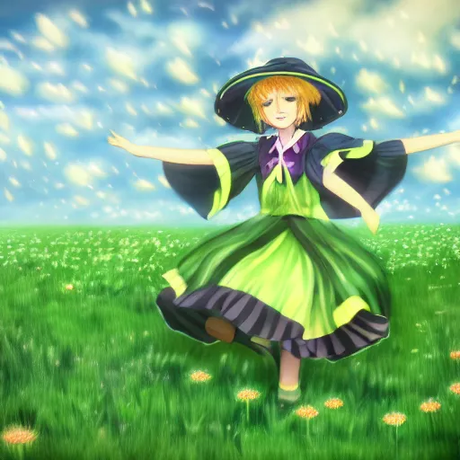 Prompt: Komeiji Koishi dancing in a field of dandelions, anime, Touhou, digital art, soft lighting