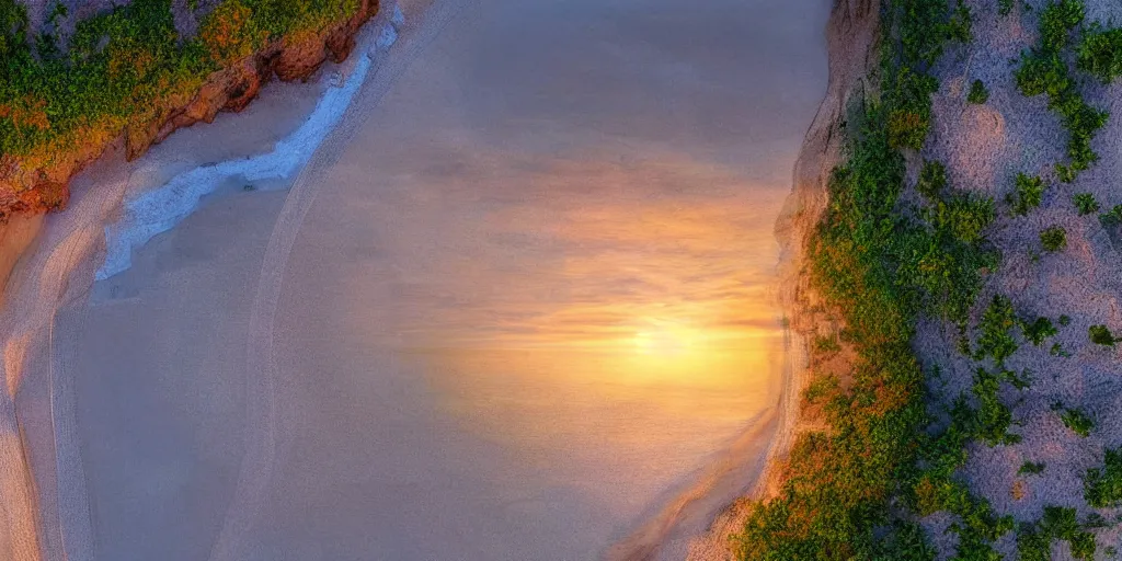 Prompt: a beach between two valley, sun set, digital art, highly detailed, drone wide shot