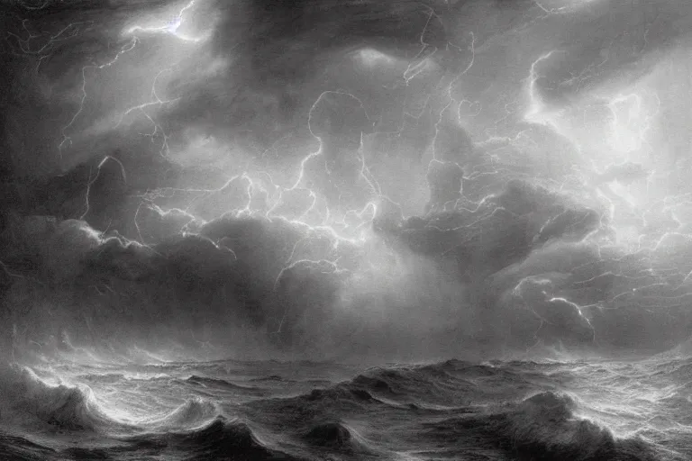 Prompt: black and white, young french woman illuminated by a beam of light through detailed stormy clouds in the sea, demons fly in background, Gustave Dore lithography