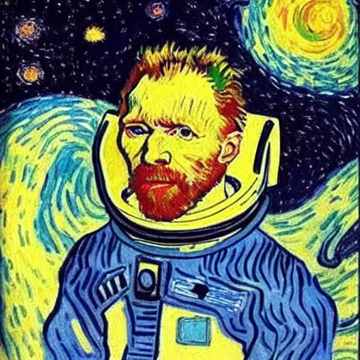 Image similar to Astronaut Lonely in the Galaxy - a painting by Van Gogh. very beautiful, HD detailed. Sad lighting, miserable emotions. The Astronaut is lost in the Galaxy.