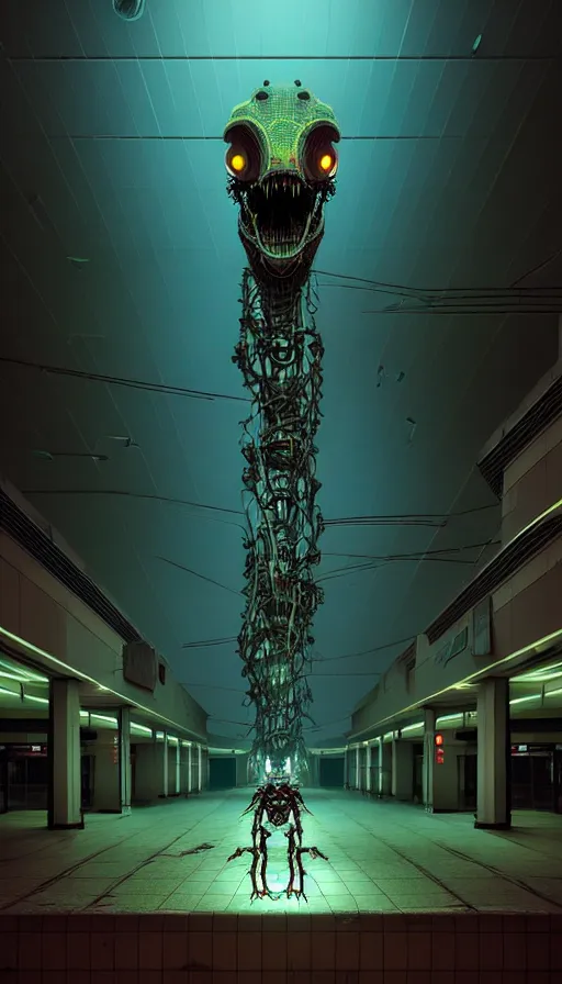 Prompt: biomechanical cybernetic monster creature in the dark abandoned mall, absolutely symmetrical 3 d artwork by simon stalenhag tooth wu ande beeple