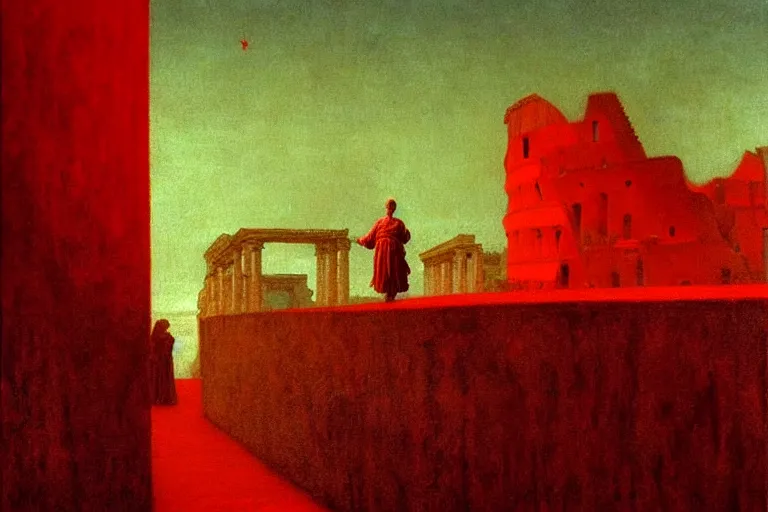 Image similar to only with red, caesar after war, a red tiger, in hoc signo vinces, rome in background, an ancient path, in the style of beksinski, part by hopper, part by rodcenko, part by hofbauer, intricate composition, red by caravaggio, insanely quality, highly detailed, masterpiece, red light, artstation