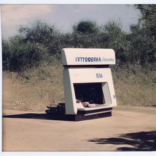 Image similar to old polaroid of futuristic african bus stops