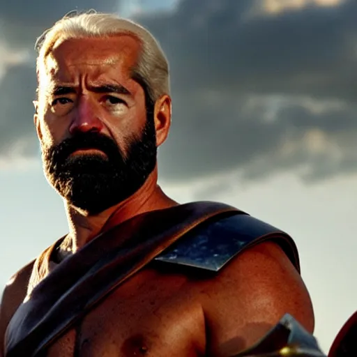 Image similar to cinematic action shot of joe biden as leonidas in 3 0 0 movie, 8 k, epic moody sky, dramatic lighting