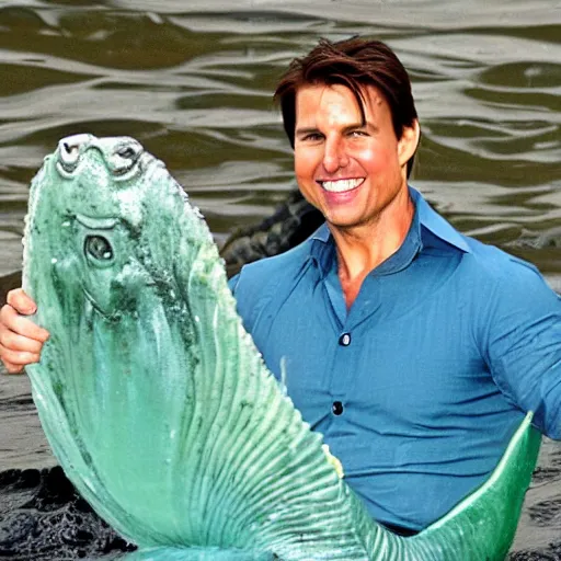 Prompt: Tom cruise as a mermaid smiling