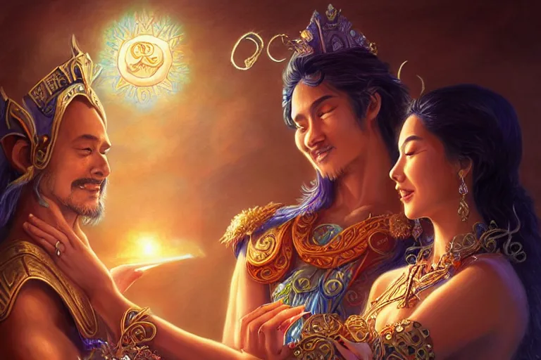 Prompt: close up moment of a divine a sun god and a moon goddess lovers magician at a wedding banquet, highly detailed, d & d, fantasy, highly detailed, digital painting, trending on artstation, concept art, sharp focus, asian feature, illustration, art by artgerm and daniel gerhartz and magali villeneuve